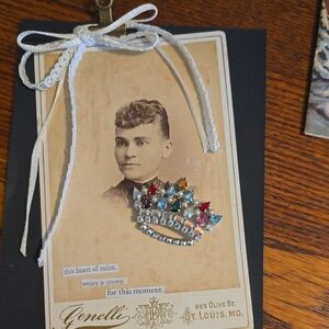 Colorful Gemstone Crown Brooch With Antique Cabinet Card